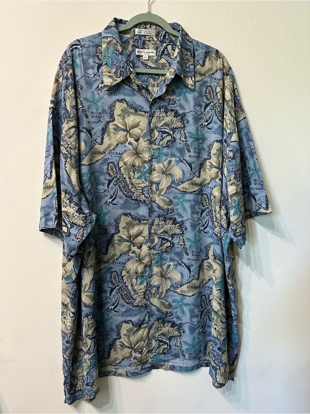 Pierre Cardin 3XLT Rayon Shirt Vintage Grand Ocean Nautical Map Whale Tropical